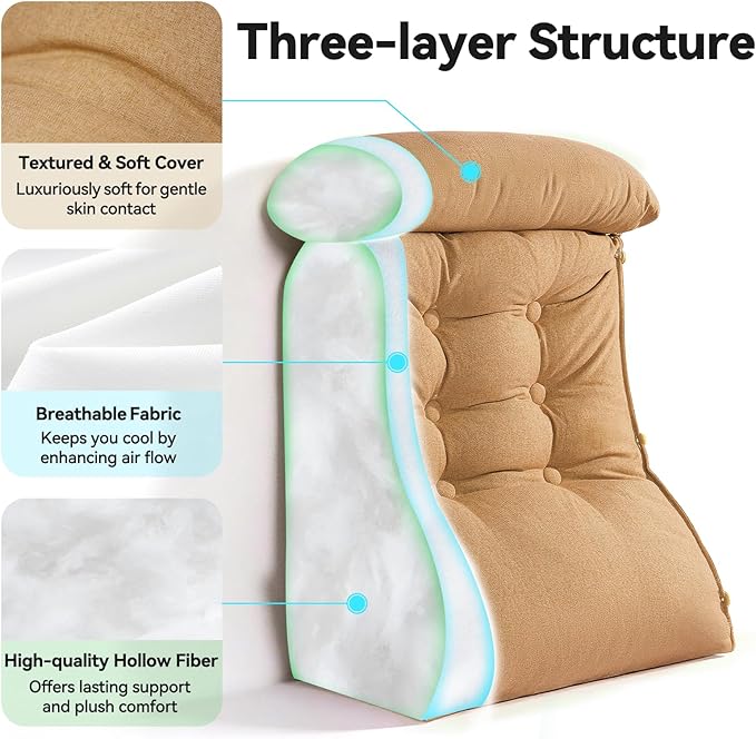 23" H Bed Wedge Reading Pillow with Adjustable Headrest, Reading Pillow for Sitting in Bed Couch Adult Backrest Pillow for Neck Back Lumbar Support with Removable Washable Cover Light Coffee