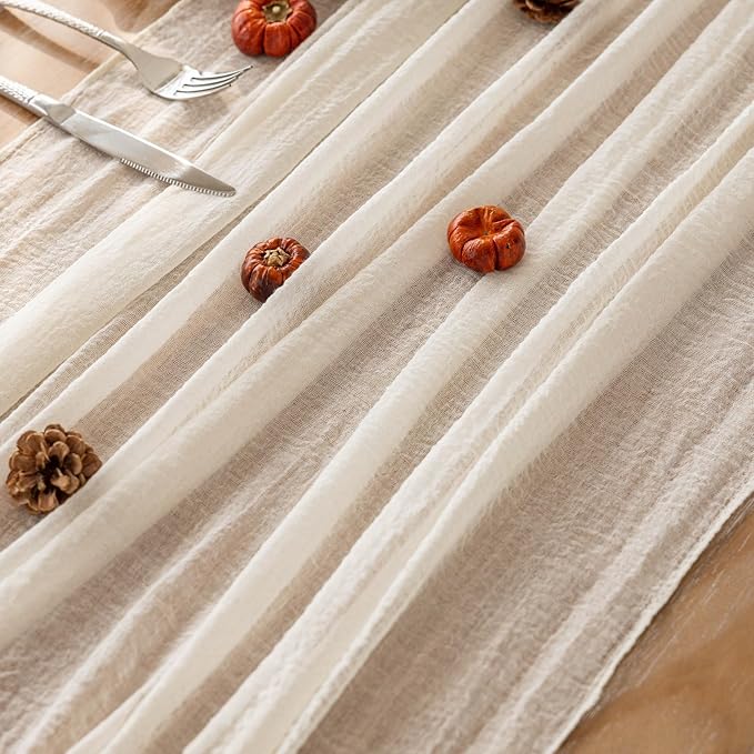 Keketoarrange 6pcs Ivory Gauze Rustic Cheesecloth Table Runner 120 Inch 10 FT for Wedding Baby Shower Bridal Shower Birthday Engagement Garden Outdoor Party Long Sheer Boho Decorations