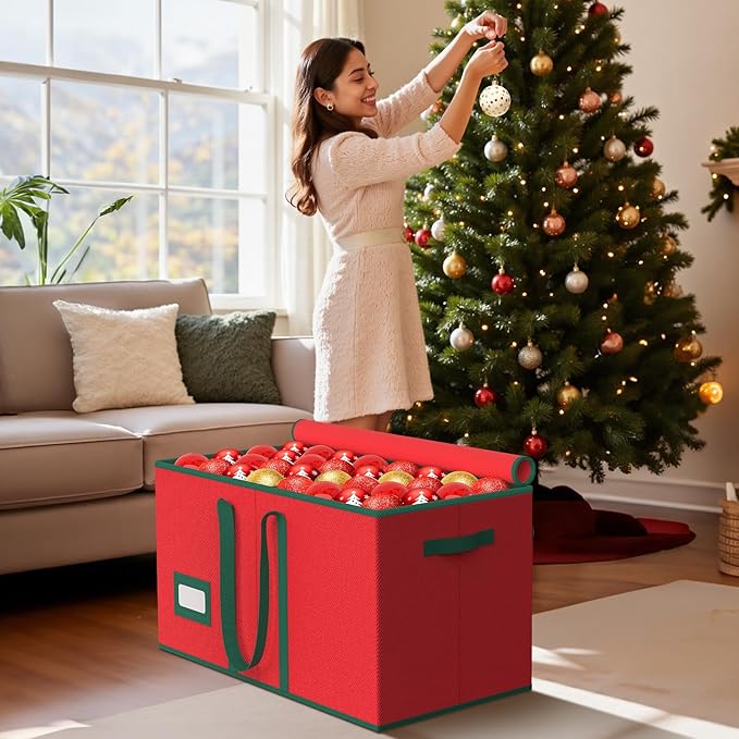 Christmas Ornament Storage Box-Store 128/3" Ornaments, Ornament Organizer Storage box with Dual Zipper Closure Lid & Adjustable Dividers, Large Xmas Decoration Storage Containers, 600D Tear-Proof/Red