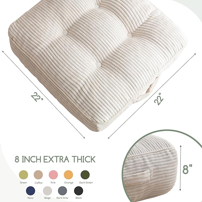HIGOGOGO 8" Extra Thick Floor Pillow Cushion for Adults, Meditation Cushion Pillow, Large Square Floor Sitting, Tufted Corduroy Cover, for Tatami Living Room or Yoga, 22x22 Inch, Beige