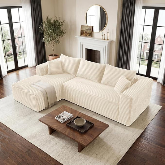 92.5" Sectional Sofa, Boneless Compressed Sofa in a Box, L-Shaped Cloud Couch with Deep Seats & Chaise for Living Room, No Assembly Required (Beige, 92.5" L-Shape with Left Facing Chiase) | Boneless Compressed, Sofa in a Box, Cloud Couch, Deep Seats, N...