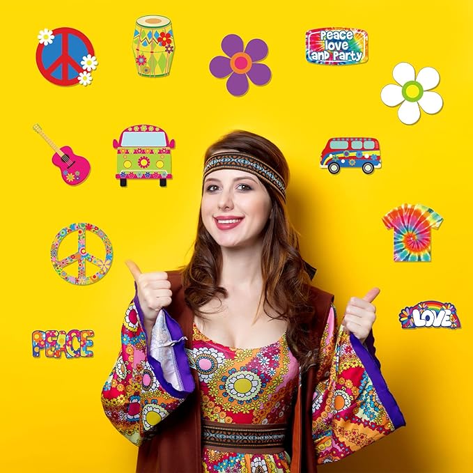 Junkin 60 Pieces Hippie Groovy Party Decoration Tie Dye Birthday Party Cutouts Accents Hippy Retro Flower Peace Sign Boho Daisy Cutouts 60's Vibe Spring Home Wall Decoration