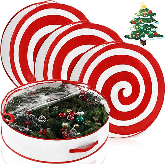 4 Pcs 36 Inch Christmas Wreath Storage Bag Candy Cane Wreath Storage Container Clear Window Dual Zipper Handle Red White Peppermint Garland Organizer for Holiday Decoration, Classic Lollipop