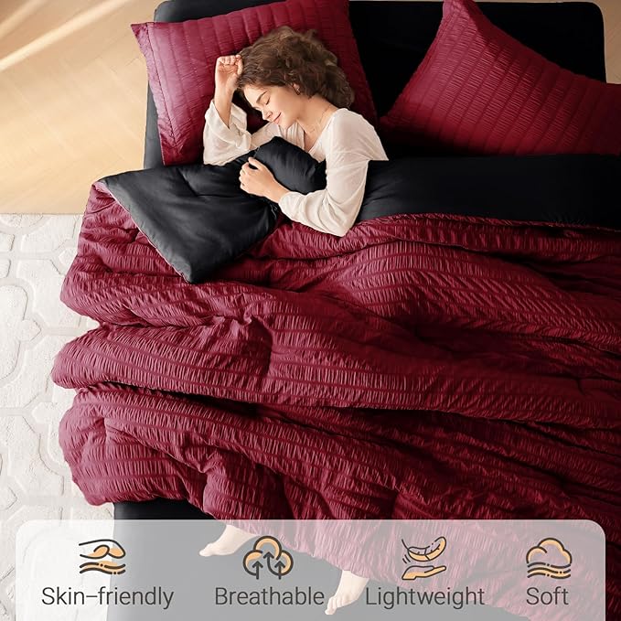 MUXHOMO 5 Pieces Twin XL Comforter Set, Seersucker Bed in a Bag Twin XL Size, All Season Luxury Bedding Set with Comforter, Flat Sheet, Fitted Sheet, Pillowcase & Sham, Red & Black