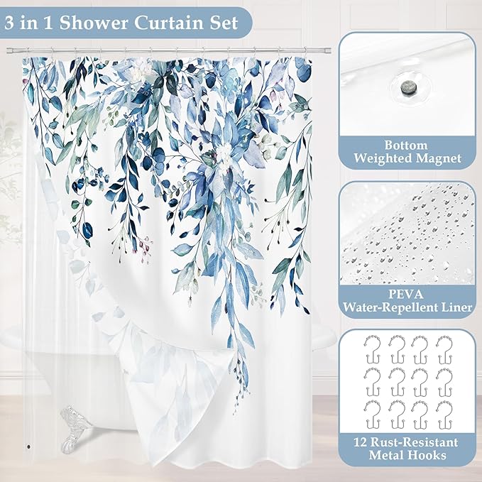 Gibelle Small Stall 3 in 1 Shower Curtain Set,Eucalyptus Bath Curtain with PEVA Liner Set and 12 Metal Hooks, Modern Waterproof Fabric Bathroom Curtain 36x72, Blue