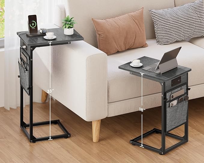 Vagusicc C Shaped End Table with Charging Station, C Table End Table Adjustable Height, Small Side Table for Couch, Sofa Table Slide Under Couch TV Tray Arm Table for Living Room, Bedroom, Gray Walnut