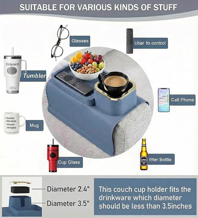 Luxury Gold Trim Couch Cup Holder Tray - Weighted Silicone Anti-Spill Sofa Armrest Organizer, Non-Slip Recliner Tray Table for Drinks, Remote, Phone - Fits Most Couch Arms, Home Gift