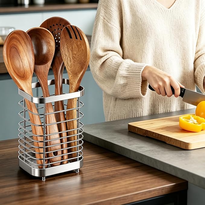 Utensil Holder, Stainless Steel Utensil Drying Rack for Kitchen Counter, Silverware Cutlery Flatware Holder Forks, Knives, Spoons, Chopsticks Organizer (Silver)