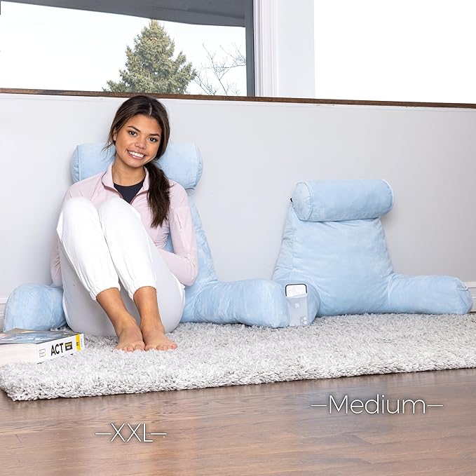 Husband Pillow XXL The Original for Adults - 30" Tall Backrest for Sitting Up in Bed - Firm Support Reading & Bed Rest Pillows for Adults, Neck Roll, Removable Cover - TV - Sky Blue