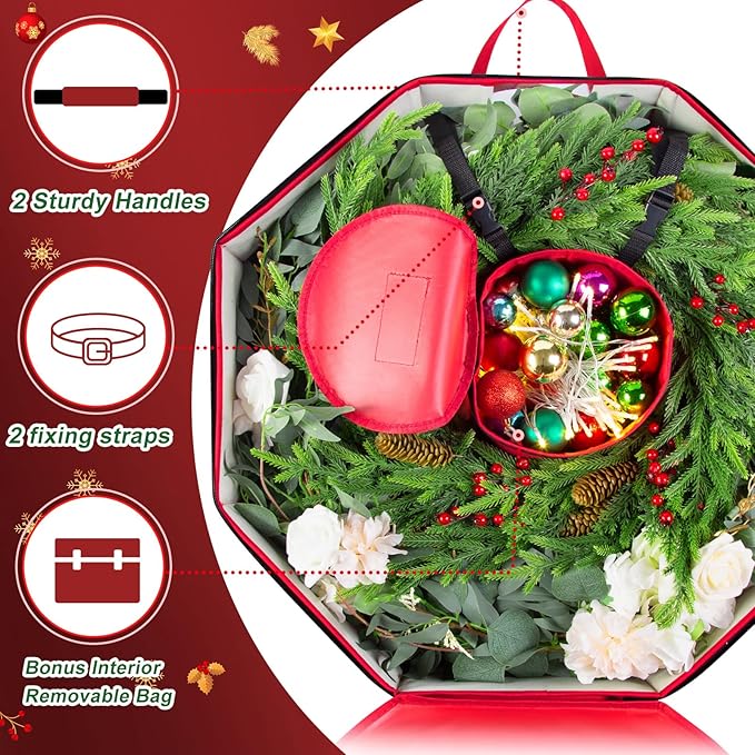 BrilliantJo 2 Pack Wreath Storage Hard shell Christmas Decorations Case Bag with Interior Pockets 600D Oxford Fabric 24 Inch Xmas Container Box for holiday Zipper and Handles Labeling Card Slot Red