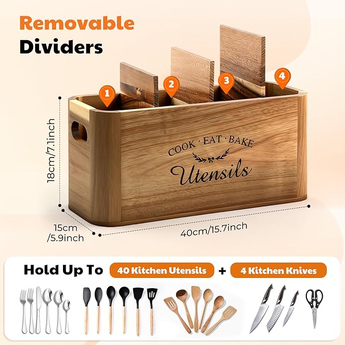 Wooden Kitchen Utensil Holder Organizer for Counter or Countertop, Acacia Utensil Holder with Magnetic Strip for Knife, Cooking and Silverware Storage(4 Compartment, Extra Large)