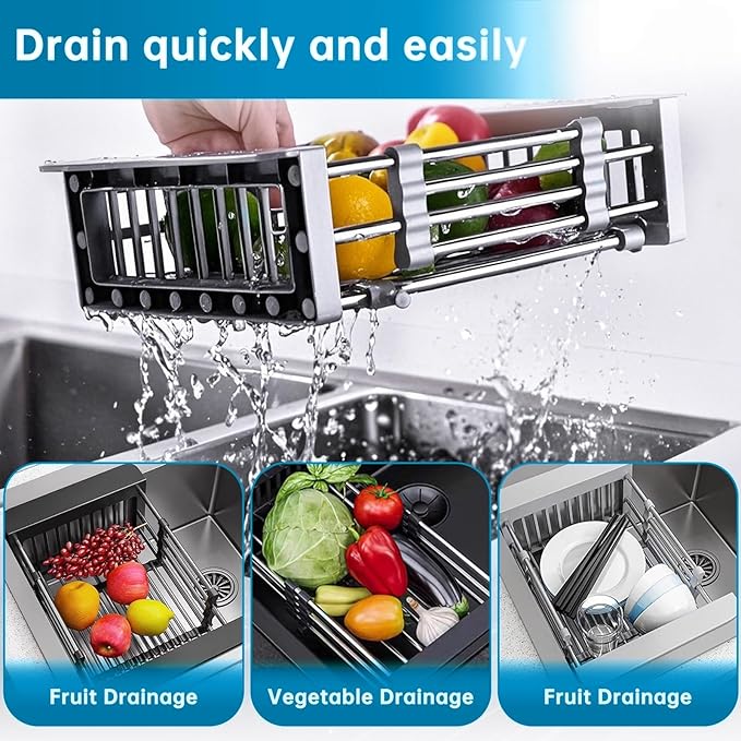 Small Black Dish Drying Rack - Stainless Steel Adjustable Dish Drainer, Compact Kitchen Sink Organizer for Fruits Vegetables (12.5-18 Inches)