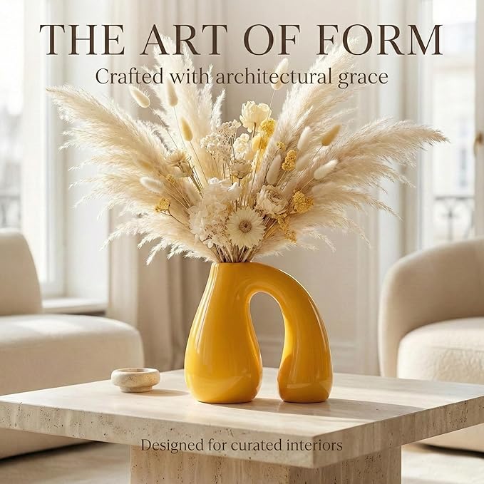 PROBENEX Yellow Ceramic Decorative Pitcher Vase, 7.5 in – Glossy Sculptural Arch-Handle, Modern Home Décor Accent for Fresh or Dried Floral Arrangements, Table/Shelf/Entryway, Giftable