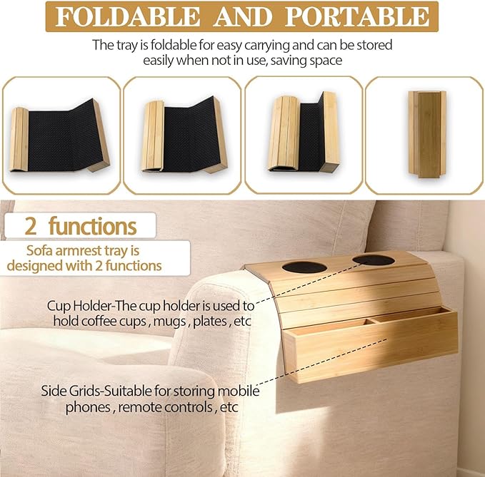 Bamboo Sofa Armrest Tray Foldable Couch Arm Tray Non Slip Sofa Armrest Table with Cork Coasters Color Natural Couch Armrest Organizer for Drinks Mobile Phone TV Remote Control Snacks