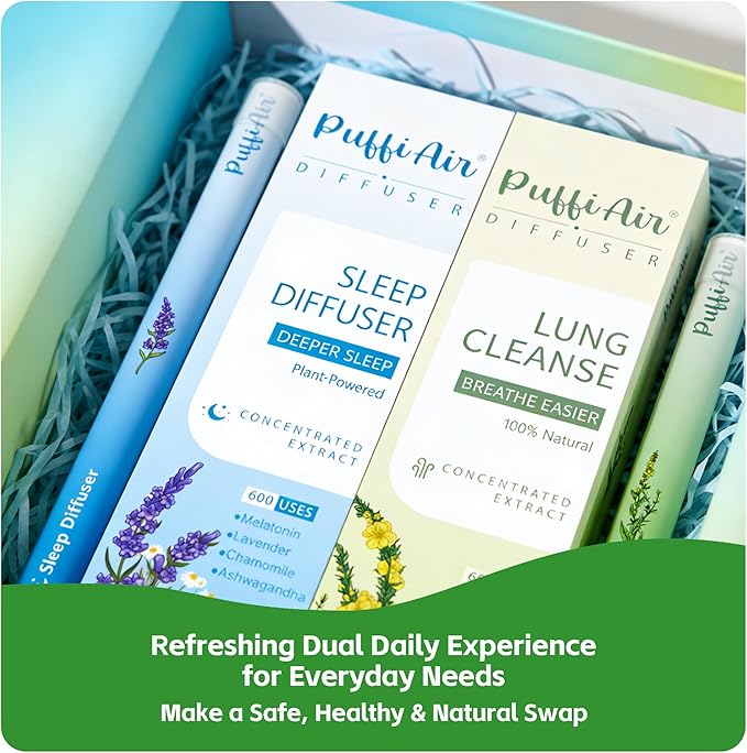 Herbal Diffuser Duo, Lung Cleanse and Sleep Diffuser with Extracts of Mullein and Melatonin, 100% Natural Swap, Day & Night Duo, 4 Sticks, 600 Uses Each=