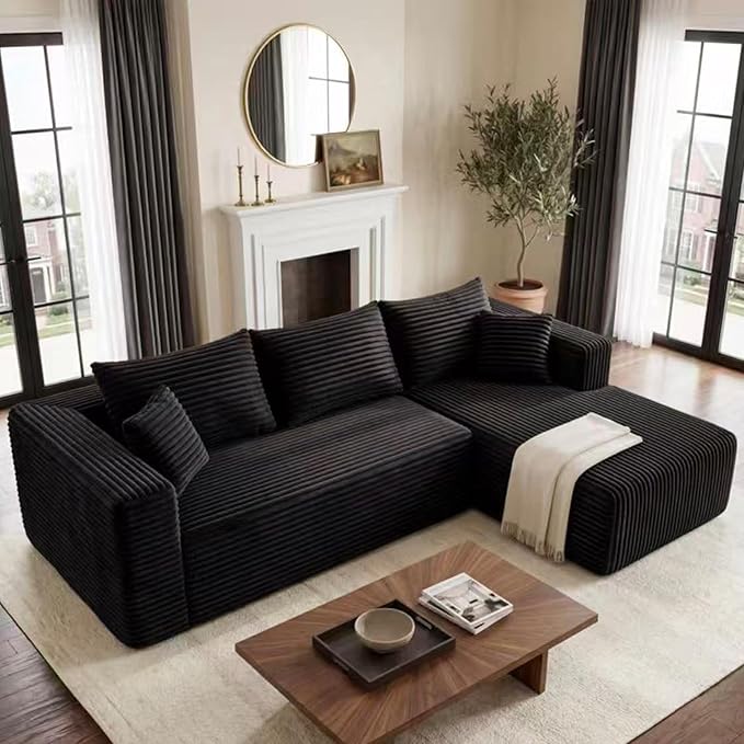 92.5" Cloud Sectional Couch with L-Shape Chaise, Modern Corduroy Boneless Couch for Living Room,Memory Foam Sofa with Deep Seat,No Assembly Required Washable Covers | Modern Corduroy, Boneless, Compressed in a Box, No Assembly Required