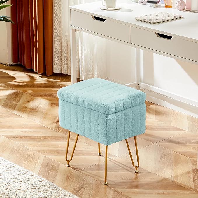 DUMOS Vanity Stool Chair, Ottoman with Storage, Makeup Cute Soft Small Footstool, Modern Style Faux Fur Seat with 4 Metal Legs & Adjustable Feet for Dressing, Living Room, Bedroom, Dorm, Green