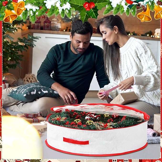 Aliceset 4 Pack Wreath Storage Containers, Ornament Garland Wreath Storage Bags with Handle Zipper Decorative Storages Box for Winter Valentine Wreaths(30 x 30 x 7.8 Inch,White)