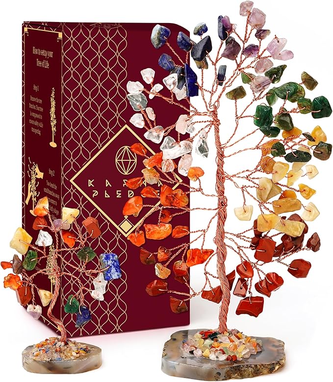 Set of 2 Crystal Trees Unique Birthday Gifts for Women, Mom & Dad, Slice Base Handmade Reiki Healing Stones for Home, Office Desk Decor, Bring Money, Positivity, Spiritual Good Luck Gifts