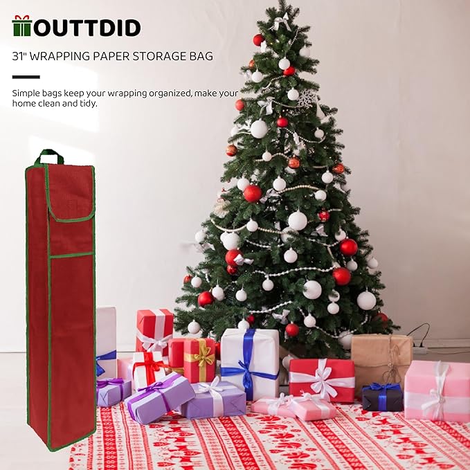 OUTTDID Wrapping Paper Storage Bag 31", Gift Wrapping Paper Organizer Storage Containers with Pocket for Crafts Poster Tools, Christmas Wrap Paper Holder fits for 9 Standard Rolls, Red