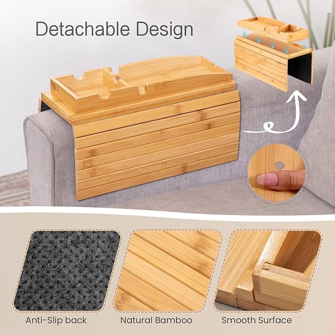 Bamboo Couch Arm Tray Table | 2-in-1 Detachable Sofa Tray with Slidable Cup Holder | 4.5 to 14 inches Wide Adjustable & Foldable Design with an Anti-Slip Surface for Drinks, Snacks, and Remote