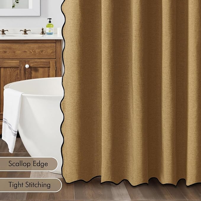 MIULEE 84" Long Scalloped Shower Curtain Linen Textured with 12 Metal Hooks Extra Long Heavy Duty Washable Waterproof Cloth Shower Curtains with Black Border for Bathroom Hotel Bathtub,Gold Brown