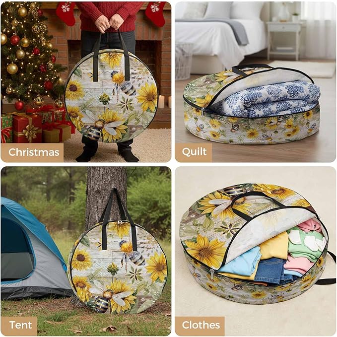 Summer Sunflower Bee Round Storage Bag 24 Inch, Yellow Floral Plants Wood Grain Rustic Clothes Storage Container with Handles Heavy Duty Organizer for Comforter, Bedding & Holiday Wreaths
