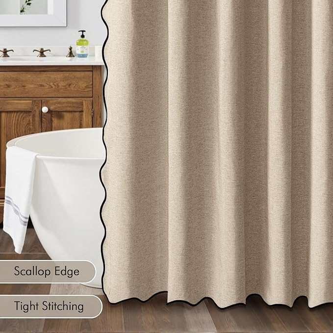 MIULEE 84" Long Scalloped Shower Curtain Linen Textured with 12 Metal Hooks Cute Extra Long Heavy Duty Washable Waterproof Cloth Shower Curtains with Black Border for Bathroom Hotel,Copper Brown