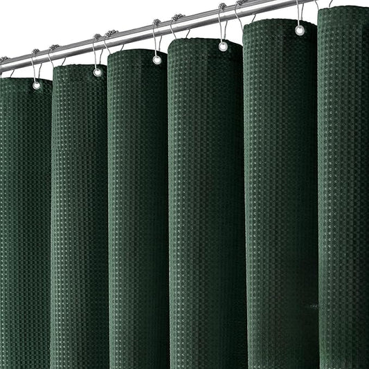 Dynamene Long Fabric Shower Curtain - 78 inch Long Waffle Weave Weighted Cloth Shower Curtains for Bathroom, Neutral Heavy Duty Hotel Spa Luxury Bath Curtain Set with 12 Hooks, 72x78, Dark Green