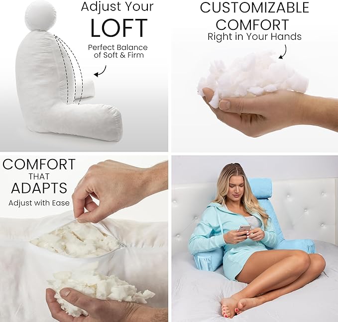 Husband Pillow Medium Reading Pillow with Arms - 23" Backrest for Sitting Up in Bed - Firm Support Bed Rest Pillow for Adults, Neck Roll, Removable Cover - TV, Reading, Lounging - Sky Blue