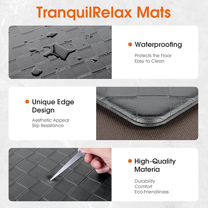 TranquilRelax Kitchen Mats, 2PCS Kitchen Rugs, Cushioned Anti Fatigue Kitchen Mats for Floor, Non-Slip Standing Desk Mat, Waterproof Kitchen Rug Set for Kitchen Floor Office,17.3"×30"+17.3"×59" Grey