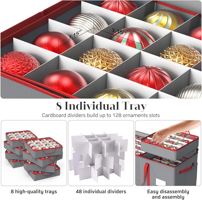 Winpull Christmas Ornament Storage Box with 8 Trays, Christmas Storage Container for 128-3'' Holiday Ornament Decorations, Large Xmas Organizer with Adjustable Dividers, Dual Zipper and Pocket (Grey)