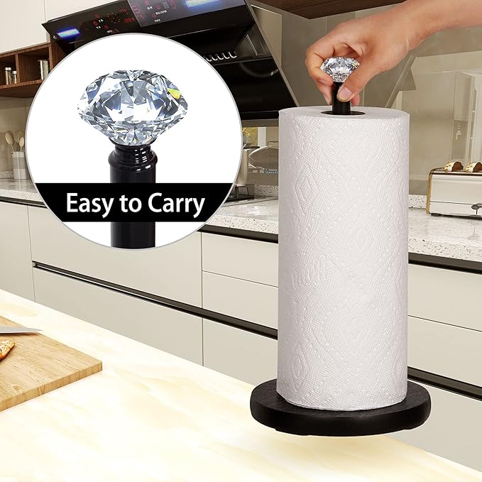 Paper Towel Holder Countertop, OBODING, Crystal Paper Towel Stand Holder, Black Solid Wood Weighted Paper Towel Holders for Standard and Large Size Rolls (Black)