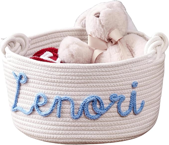 FKOG Personalized Baby Shower Basket Gift, Custom Name Cotton Rope Storage, Baby Nursery Organizer, Baby Show Gift Basket, Newborn Baby Baptism Gift (White round basket)