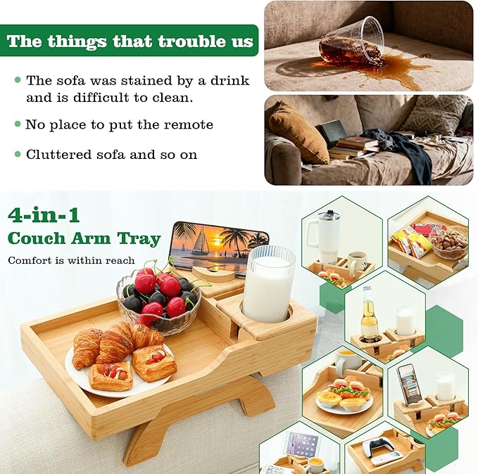 GHKINMAL Bamboo Couch Cup Holder, 4 in 1 Couch Arm Trays with 360°Rotated Phone Holder, Non-Slip Clip on Side Table for Drinks/Remote/Snacks, Ideal Gift for Husband, Wife, Parents