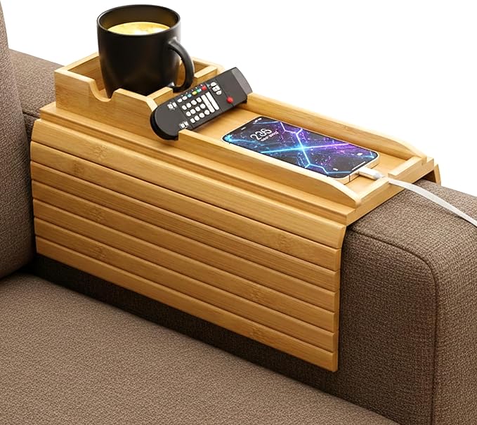 Couch Cup Holder & Bamboo Armrest Tray – Foldable Non-Slip Sofa Arm Table for Drinks, Snacks, Remote Control & Phone