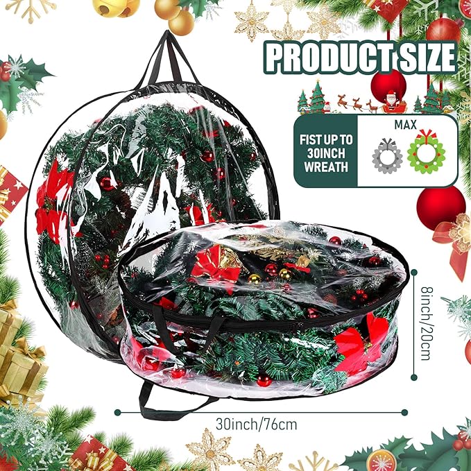 Shappy 10 Pieces Christmas Wreath Storage Container 30 Inch Wreath Plastic Storage Bags with Dual Zippers and Handles for Xmas Thanksgiving Holiday Artificial (Clear,Black)