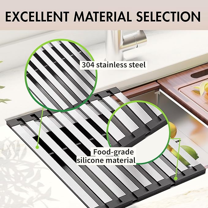 Over The Sink Kitchen Dish Drying Rack Organizer - Stainless Steel Collapsible Non-Slip Space-Saving [16.54 * 12.8IN] - Rust-Resistant Heat-Resistant Sturdy - Easy to Clean