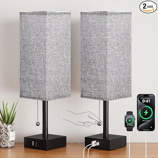 aooshine Bedside Table Lamps Set of 2 - Gray Bedroom Lamps with 3 Color Temperatures (3000K/5000K/4000K), Square Nightstand Light with USB C + A Charging Ports, Pull Chain Small Night Light