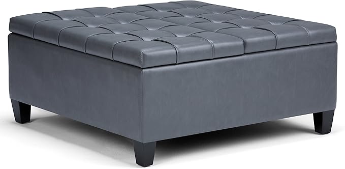 SIMPLIHOME Harrison Coffee Table Storage Ottoman - 36 inch Wide Upholstered Vegan Leather Square Lift-Top Ottoman in Stone Grey, Transitional Ottoman for Living Room with Hidden Storage
