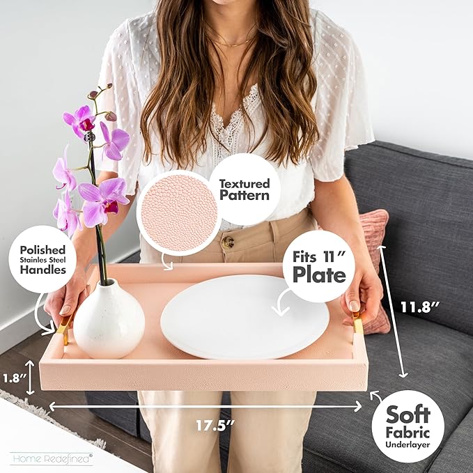 Home Redefined Modern Elegant 17.5"x12" Rectangle Baby Pink Tray Glossy Shagreen Faux Leather Decorative Ottoman Coffee Table Perfume Dresser Kitchen Serving Tray with Gold Polished Metal Handles.
