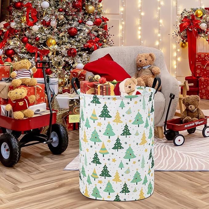 HUNRUNG Collapsible Fabric Storage Basket, Waterproof Laundry Hamper with Handles, Round Storage Bin for Clothes Toys, Foldable Organizer for Bedroom Nursery Bathroom(Round-Christmas tree)
