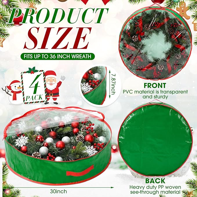 Aliceset 4 Pack Wreath Storage Containers, Ornament Garland Wreath Storage Bags with Handle Zipper Decorative Storages Box for Winter Valentine Wreaths(30 x 30 x 7.8 Inch,Light Green)