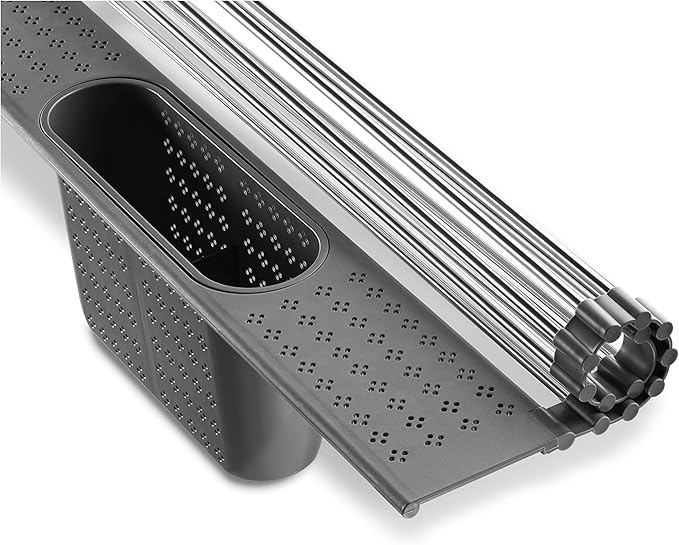 edge Roll Up Dish Drainer, Over The Sink Multi-Purpose Foldable Drying Rack with Caddy, Gray, Large - 20"x11"