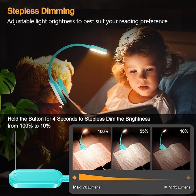 Gritin 16 LED Rechargeable Book Light for Reading in Bed- Eye Caring 3 Color Temperatures, Stepless Dimming Brightness, 80 Hrs Runtime, Lightweight Flexible Clip on Light for Book Lovers-Blue
