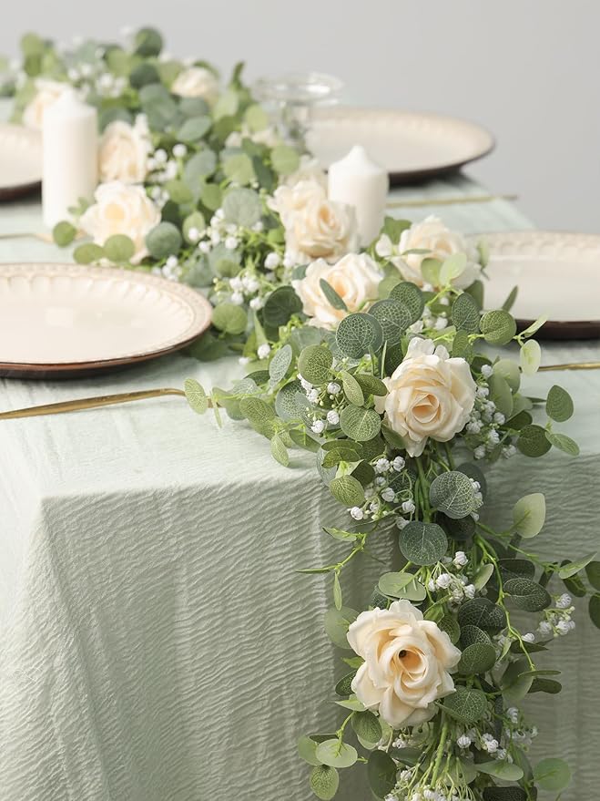 Anna's Whimsy 2PCS 5.91FT Artificial Eucalyptus Greenery with Flowers, Fake Rose Gypsophila for Wedding Spring Home Party Decor（Champagne）
