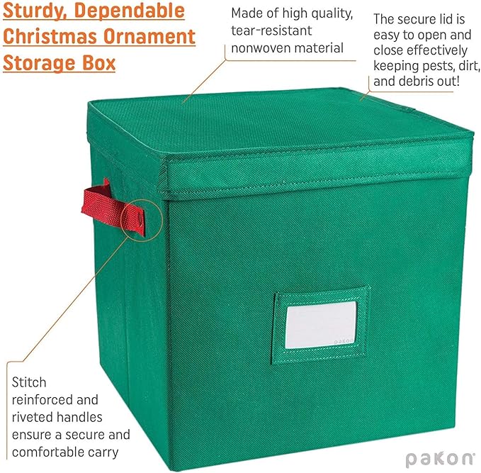 Durable Non-Woven Christmas Ornament Storage Box with Removable lid, Stores up-to 64 Standard Holiday Ornaments & Xmas Decorations For Seasons To come - 12 x 12 Inch 4 Layer Ornament Storage Container