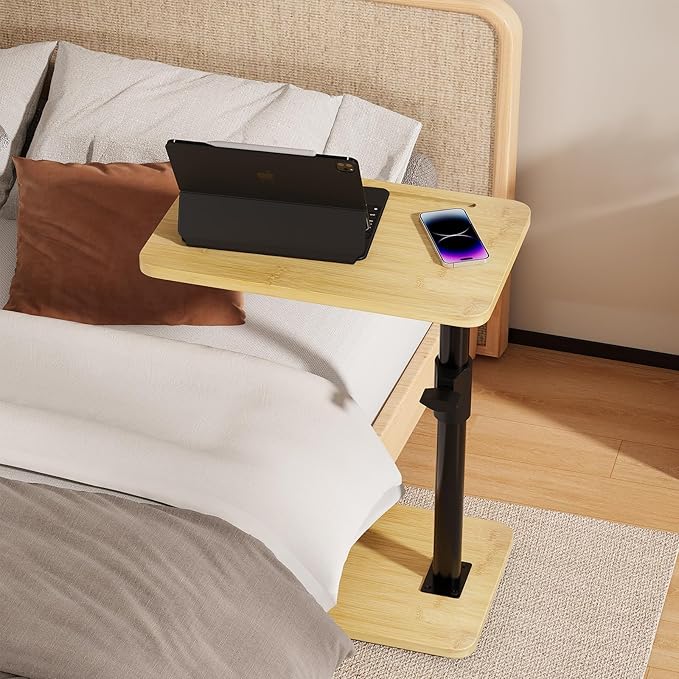 2Pcs Sofa Armrest Tray Table - 360° Bamboo Swivel TV Trays - Height Adjustable Side Table for Bed or Chair with Phone and Tablet Slots - End Tables for Small Spaces (2PCS, Standard)