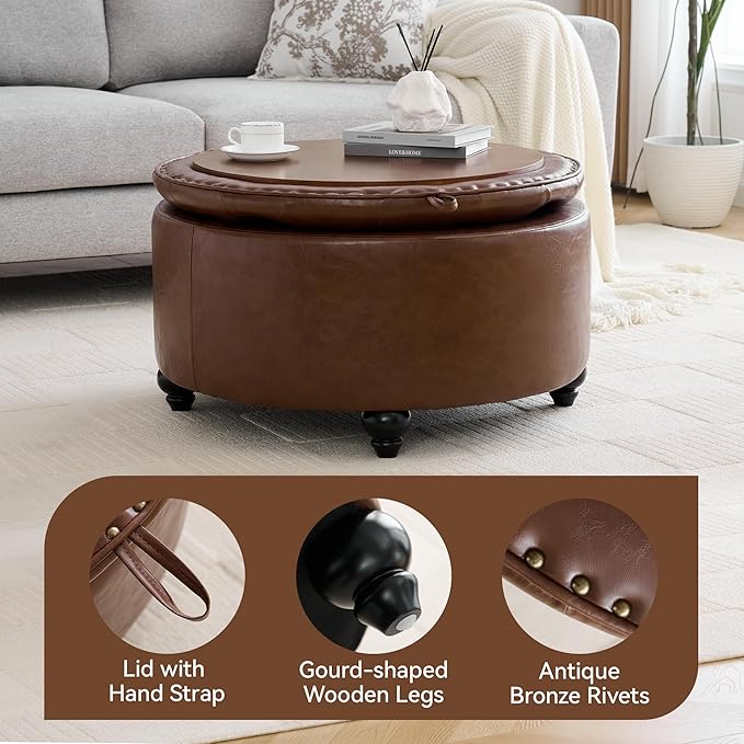 WUTUTUEE 30Inch Round Storage Ottoman with Tray, Modern Tufted Leather Circle Coffee Table with Storage, Upholstered Ottoman with Removable Top for Living Room, Bedroom, Leather Coffee