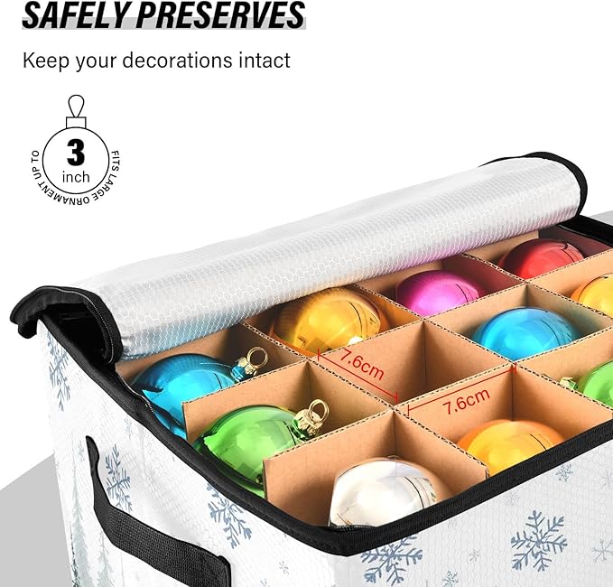 Christmas Tree Ornament Storage Basket Box Winter Xmas Holiday Storage Container Cube with Adjustable Dividers for 64 Holiday Ornaments or Decorations Keeps Clean and Dry for Next Season